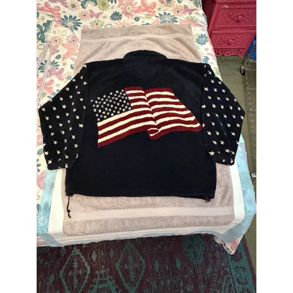 Vtg 80s American Flag Jacket Size XL Sherpa Fleece Coat Patriotic Stars USA Made